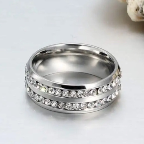 Stainless Steel Over Sterling Silver Band With Double Cubic Zirconia Pave - Picture 3 of 3